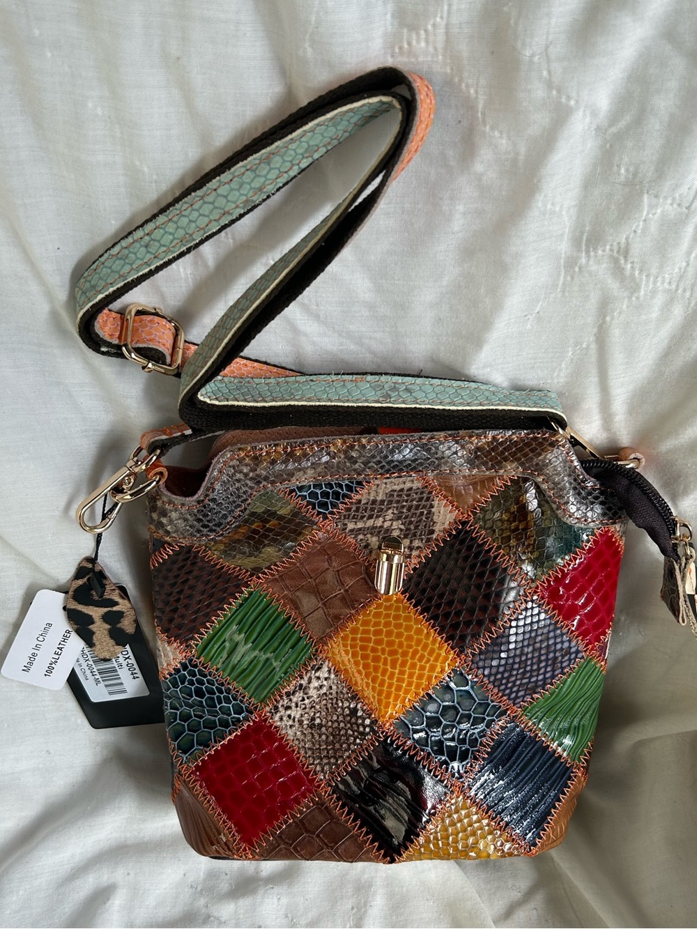 Genuine Leather Patchwork Top Flap Crossbody Bag